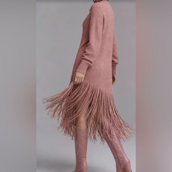 Elegant Muted Pink Fringe Sweater Dress - Picture 2 of 7